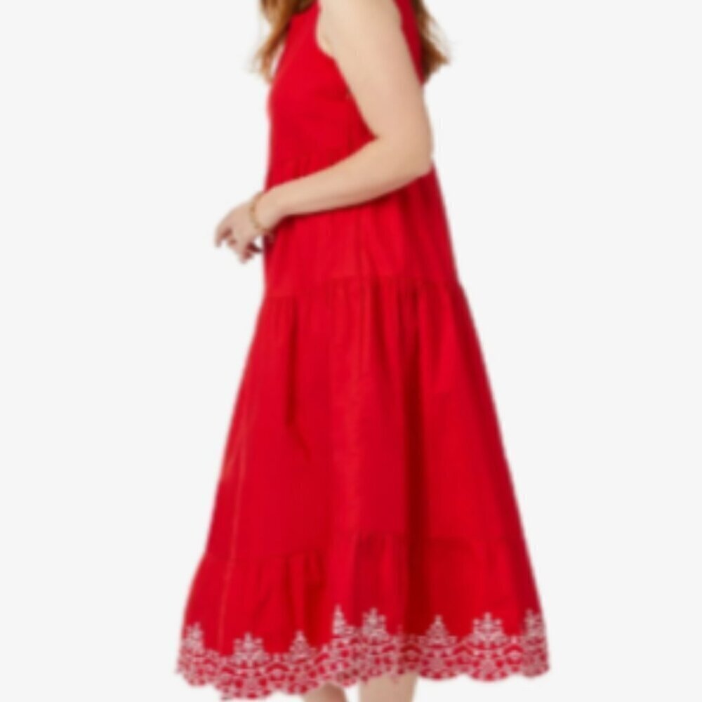 Jessica London Red Sleeveless Tiered Dress Embroidered Hem Flowy Fit (C-20)